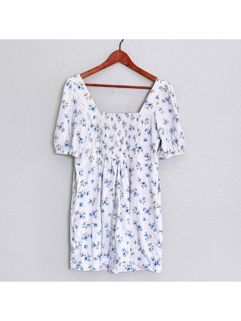 Linen Coquette Cottage Blue Floral Puff-Sleeve Mini Summer Dress Old Navy Sz M - Picture 5 of 17